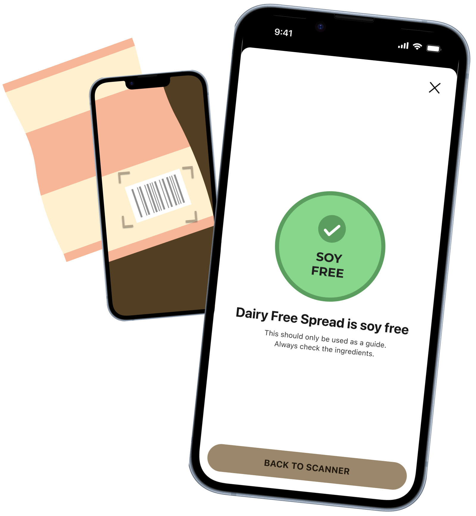 Two iPhones showing the user interface for Soy Free Scanner app
